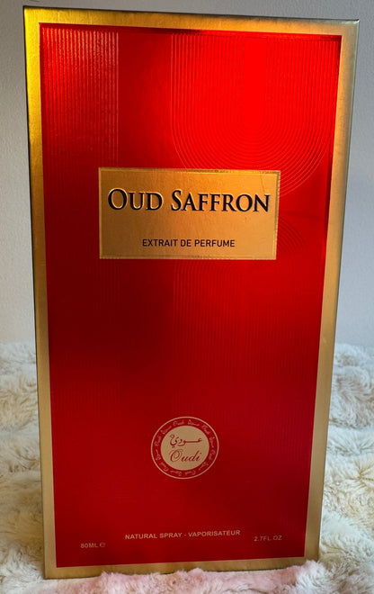 Oud Saffron Extrait de Parfum 80ml – Fragrância luxuosa com amostra grátis incluída.